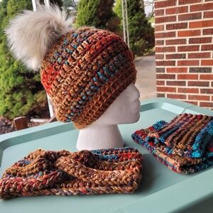 Handmade Crochet Beanie W/ Pom, Earwarmer Headband, and Fingerless Gloves OS